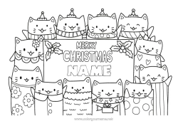 Free drawing Cat Christmas Holly Dog and cat Sign “Merry Christmas” message