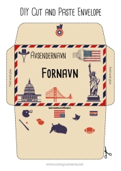 Gratis fargelegging USA Symboler Land 4. juli Utskriftsvennlig konvolutt Julealvens reise Konvolutt for nissepost