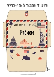 Coloriage gratuit USA Symboles Pays 4 juillet Enveloppe à imprimer Voyage de l'elfe de Noël Enveloppe pour courrier du lutin de Noël