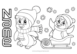 Colouring to customise Snow Winter Vehicles Penguin, Tuxedo Sledge Birds And Flying Mammals