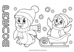 Coloriage gratuit Neige Hiver Véhicules Pingouin, Manchot Luge Oiseaux et mammifères volants