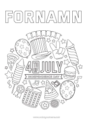 Färgläggningssida att anpassa Mandala Fest Fyrverkeri USA Symboler 4 juli Musikinstrumenter Trumma