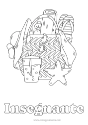 Pagina da colorare per bambini Vacanze Estate Cappello Insegnante Tata Bevanda Simboli Infradito Stella marina Animali marini o acquatici Mestieri dell'educazione Limonata