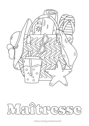 Coloriage enfant Vacances Été Chapeau Maîtresse/Maître Nounou Boisson Symboles Tong Étoile de mer Animaux marins ou aquatique Métiers de l'éducation Limonade
