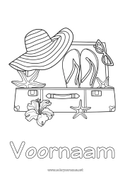 Gratis kleurplaat Vakantie Zomer Hoed Slippers Zeester Zeedieren Hibiscus Koffers en bagage