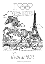 Colouring to customise Sport Robot Horse Farm Animals Competitions And Awards Eiffel Tower Paris Monument Olympic Games
