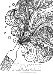 Colouring to customise Birthday Mandala Happy New Year Champagne