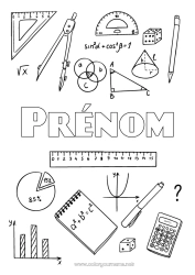 Coloriage à personnaliser Crayon Rentrée scolaire Fournitures scolaires équerre Calculatrice Mathématiques Formes géométriques Compas Couverture de cahier