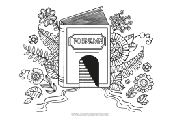 Gratis färgläggning Blommor Bok Läsning Skolstart Etikett Dörr