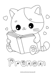 Coloriage à personnaliser Mignon Coeur Chat Kawaii Animal Livre Chiens et chats Lecture