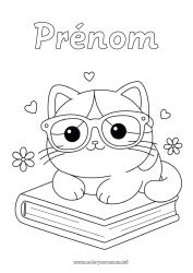 Coloriage à personnaliser Mignon Chat Kawaii Animal Livre Chiens et chats Lecture Lunettes