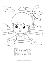 Colouring to customise Boy Palm Tree Swimming Pool