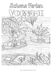 Kostenlose Malvorlage Urlaub Palme Komplexe Ausmalbilder Sonnenschirm Liegestuhl Schwimmbad