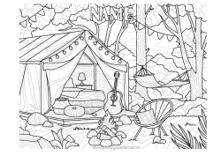 Colouring to customise Holidays Complex Colouring Pages Zentangle Camping Guitar Musical Instruments Tent