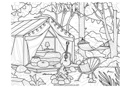 Colorazione gratuita Vacanze Colorazioni complesse Zentangle Campeggio Chitarra Strumenti musicali Tenda