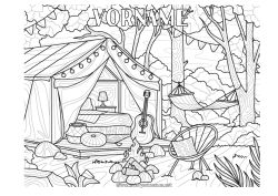 Kostenlose Malvorlage Urlaub Komplexe Ausmalbilder Zentangle Camping Gitarre Musikinstrumente Zelt