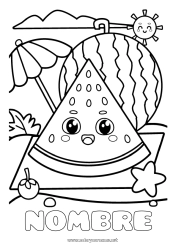 Colorear gratis Kawaii Sol Frutas Parasol, sombrilla de playa Sandía