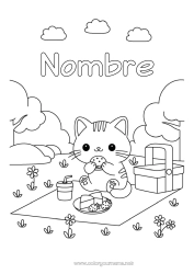 Dibujo libre Lindo Cat Kawaii Animales Cesta Bebidas Soda Hamburguesa Perros y gatos Picnic Queso