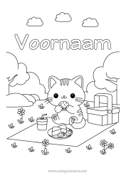 Kleurplaat aanpassen Schattig Kat Kawaii Dier Mand Drankje Frisdrank Hamburger Honden en katten Picknick Kaas