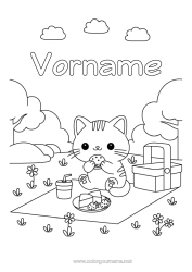 Kostenlose Malvorlage Niedlich Katze Kawaii Tier Korb Getränk Soda Hamburger Hunde und Katzen Picknick Käse