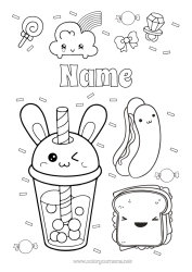 Colouring to customise Cute Rainbow Ring Drink Treats, Sweets Pacifier Hot Dog Bubble Tea Sandwich