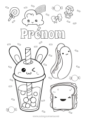 Coloriage gratuit Kawaii Arc en ciel Bague Boisson Gourmandises, sucreries Sucette Hot dog Bubble tea Sandwich