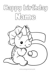 Colouring to customise Birthday Dinosaurs Figure Triceratops Happy Birthday Message Big Number Age Six