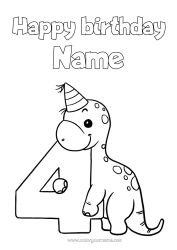 Colouring to customise Birthday Dinosaurs Figure Happy Birthday Message Big Number Age Four