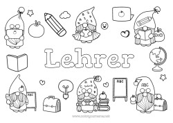 Kinder-Malvorlage Gnom Dekorierter Name Lehrer/Lehrerin Schule Früchte Apfel Bleistift Büroberufe Schulbeginn Klassentafel Schulbedarf Computer Karikatur