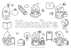 Colorear gratis Gnomo Nombre decorado Maestra, Maestro Escuela Frutas Manzana Lápiz Profesiones de la Educación Regreso a clases Pizarra de clase Útiles escolares Ordenador Cartoon