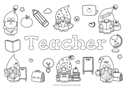 Child coloring page Gnome Decorated name Teacher School Fruits Apple Pencil Education Professions Back to School Class board School supplies Computer Cartoon