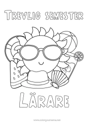 Gratis färgläggning Semester Sommar Sol Frukter Symboler Snäckor Marina djur eller vattenlevande djur Boj Vattenmelon Strandboll Spel och leksaker Glasögon