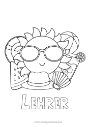 Kinder-Malvorlage Urlaub Sommer Sonne Früchte Symbole Muscheln Meeres- oder Wasserlebewesen Boje Wassermelone Strandball Spiele und Spielzeug Brille
