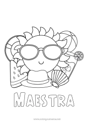 Niño página para colorear Vacaciones Verano Sol Frutas Simbolos Conchas marinas Animales marinos o acuáticos Boya Sandía Balón de playa Juegos y juguetes Gafas