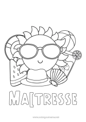 Coloriage enfant Vacances Été Soleil Fruits Symboles Coquillages Animaux marins ou aquatique Bouée Pastèque Ballon de plage Jeux et jouets Lunettes