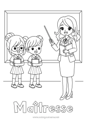 Coloriage enfant Maîtresse/Maître Métiers de l'éducation Rentrée scolaire Tableau de classe élève