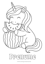 Pagină de colorat gratuită Drăguț Unicornă Animal Fructe Dragoni, unicorni și animale fantastice Pepene verde