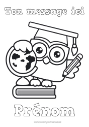 Coloriage gratuit Chouette, Hibou École Livre Oiseaux et mammifères volants Lecture Crayon Globe terrestre Rentrée scolaire Toque d'étudiant Fournitures scolaires