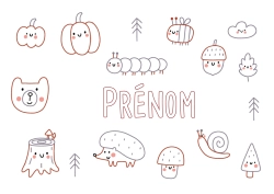 Coloriage à personnaliser Citrouille Ours Hérisson Automne Animal Escargot Symboles Doodle Animaux de la forêt Gland Souche d'arbre