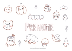 Pagină de colorat personalizată Dovleac Urs Arici Toamnă Animal Melc Simboluri Doodle Animale din pădure Gland Butuc de copac