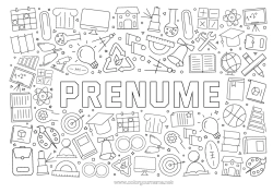 Pagină de colorat personalizată Clopot Școală Simboluri Lectură Creion Glob pământesc Întoarcerea la școală Beretă de student Materiale școlare Raportor Știință