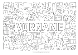 Malvorlage anpassen Glocke Schule Symbole Lesen Bleistift Erdball Schulbeginn Studentenmütze Schulbedarf Winkelmesser Wissenschaft
