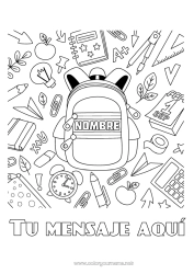 Colorear para personalizar Escuela Libro Lectura Mochila escolar Regreso a clases Útiles escolares Despertador Estuche Calculadora Compass