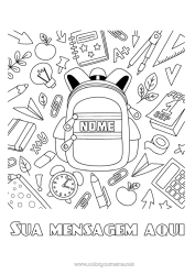 Desenho grátis Escola Livro Leitura Mochila Volta às Aulas Materiais Escolares Despertador Estojo Calculadora Compasso