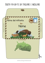 Disegno gratuito Animale USA Busta Altri animali del mondo Busta da stampare Viaggio dell'elfo di Natale Bisonte Busta per la posta dell'elfo di Natale