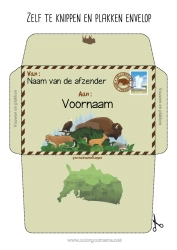 Gratis kleurplaat Dier VS Envelop Andere dieren van de wereld Afdrukbare enveloppen Kerstelfreis Bizon Envelop voor kerstelfpost