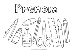 Coloriage à personnaliser Pinceau École Rentrée scolaire Fournitures scolaires Compas Ciseaux