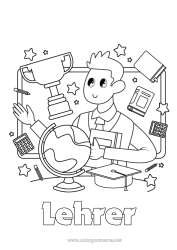 Kinder-Malvorlage Pokal, Trophäe, Medaille Lehrer/Lehrerin Schule Wettbewerbe und Belohnungen Erdball Büroberufe Schulbeginn Klassentafel Studentenmütze Taschenrechner