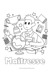 Coloriage enfant Coupe, trophée, médaille Maîtresse/Maître École Compétitions et récompenses Globe terrestre Métiers de l'éducation Rentrée scolaire Tableau de classe Toque d'étudiant Calculatrice