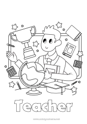 Child coloring page Cup, trophy, medal Teacher School Competitions and Rewards World globe Education Professions Back to School Class board Student cap Calculator